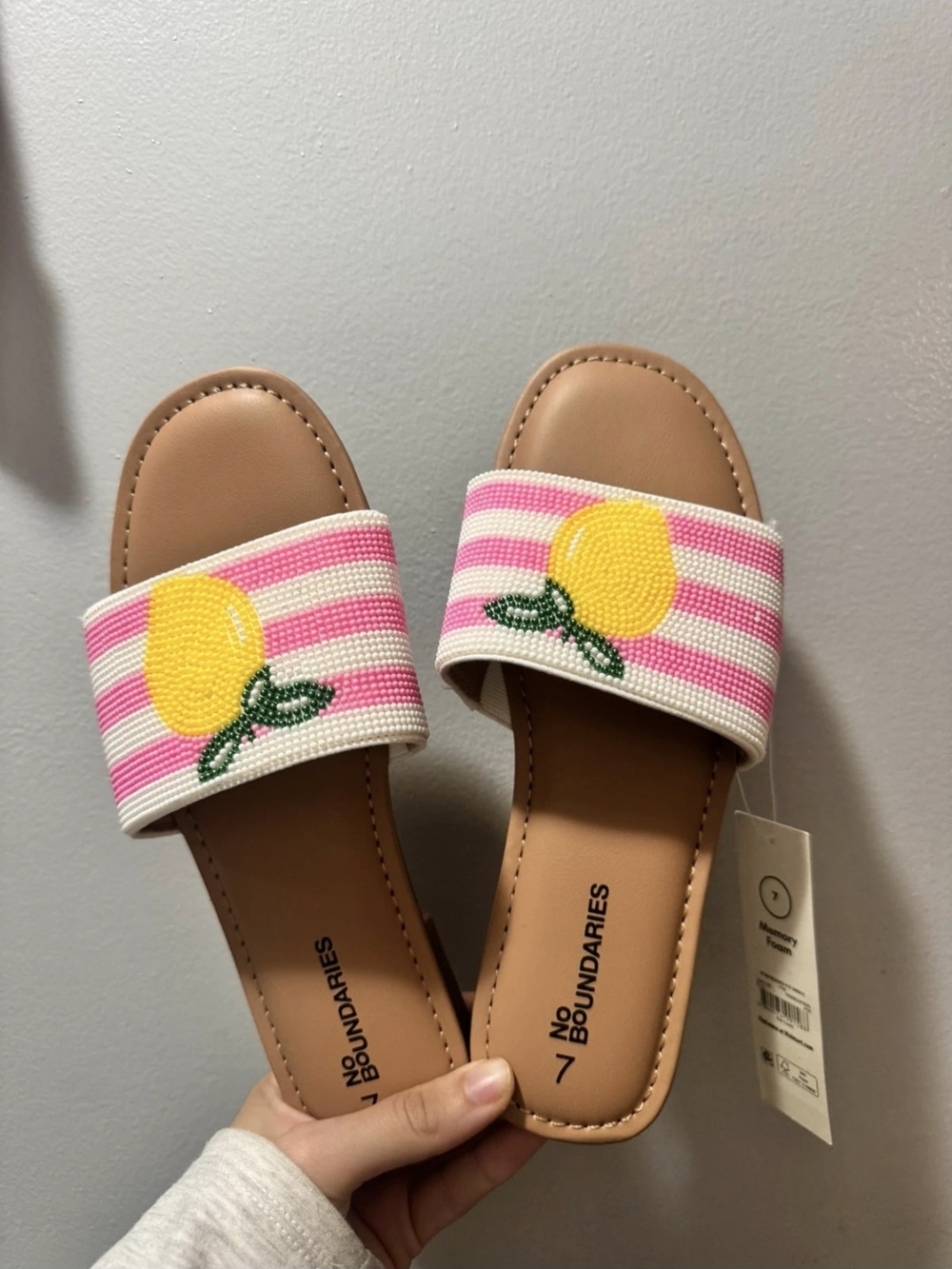 No Boundaries Pink & White Stripe Lemon Bead Slide Sandals